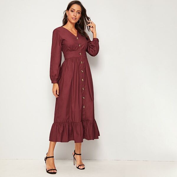 

V-neck Button Front Ruffle Hem Solid Dress
