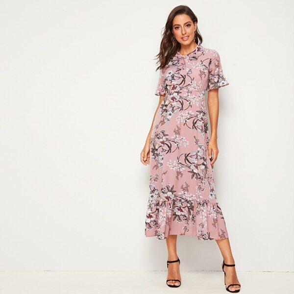 

Large Floral Print Tie Neck Ruffle Hem Dress