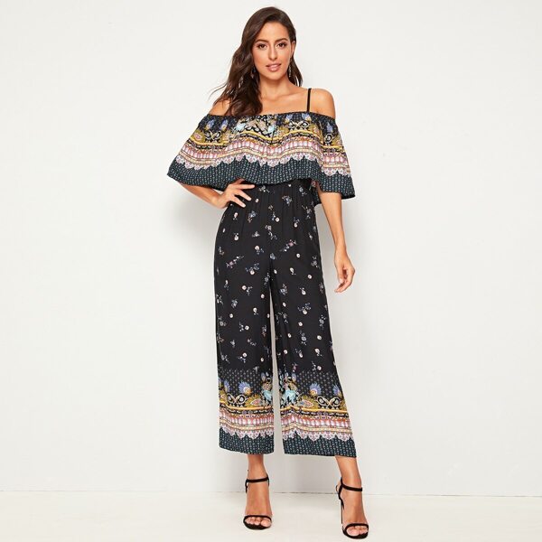 

Tribal Print Ruffle Trim Cami Jumpsuit, Black