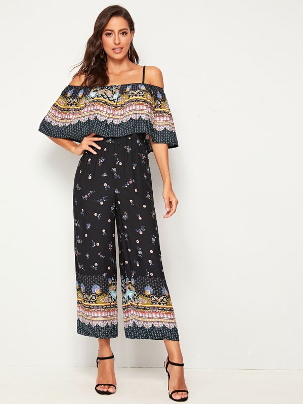 

Tribal Print Ruffle Trim Cami Jumpsuit, Black, Mary P.