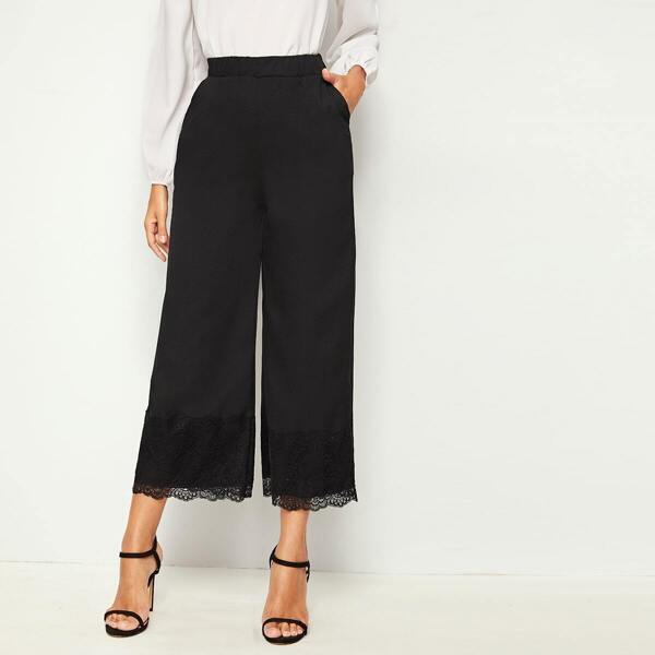

Elastic Waist Lace Hem Wide Leg Pants, Black