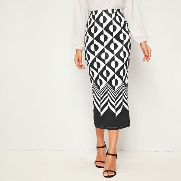 

Geo Print Zip Back Split Skirt, Black and white