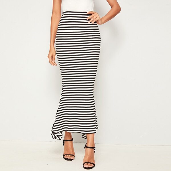 

Elastic Waist Striped Fishtail Hem Skirt