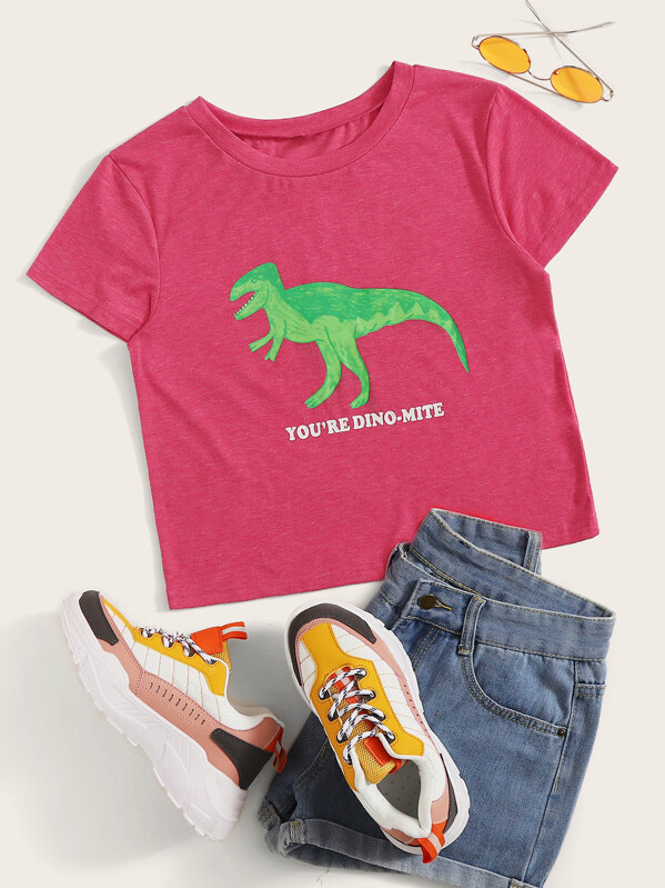 

Dinosaur & Letter Print Tee, Pink