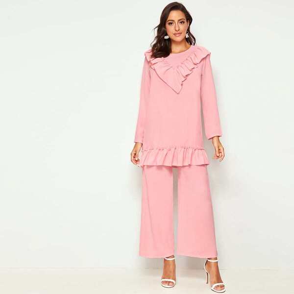 

Ruffle Trim Solid Longline Top With Pants, Pink