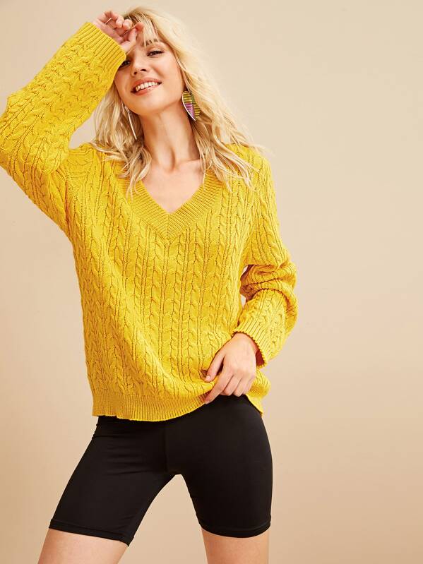 

Cable-knit V-neck Solid Sweater, Yellow, Tasha