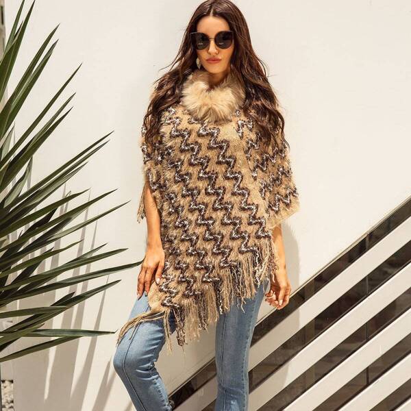 

Fringe Trim Faux Fur Collar Poncho Sweater