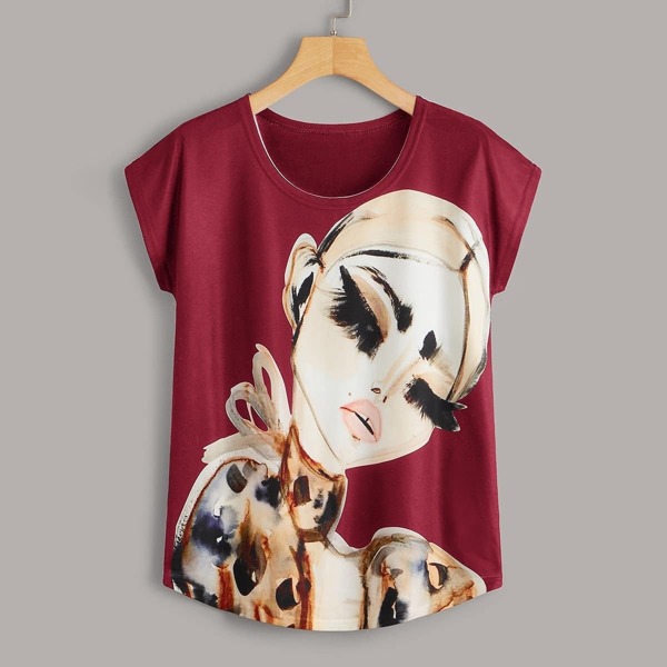 

Cartoon Figure Print Round Neck Tee