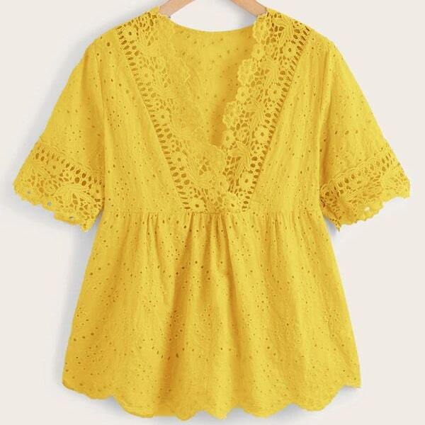 

Plus Lace Panel Eyelet Embroidery Peplum Blouse, Yellow