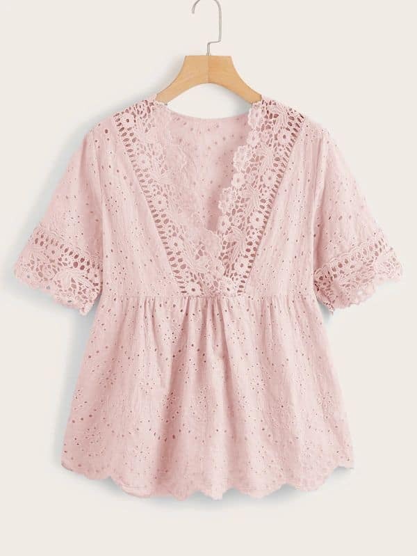 

Plus Lace Panel Eyelet Embroidery Peplum Blouse, Pink