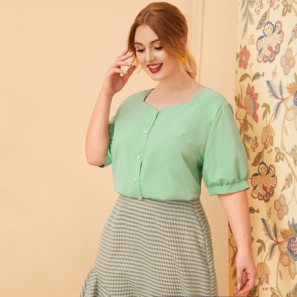 

Plus Square Neck Button Front Blouse