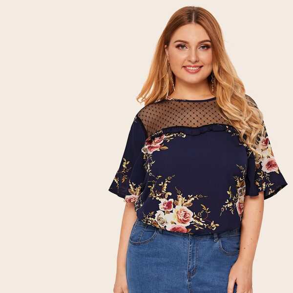 

Plus Contrast Dobby Mesh Floral Print Blouse, Navy