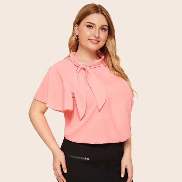 Plus Tie Neck Butterfly Sleeve Blouse, Pink