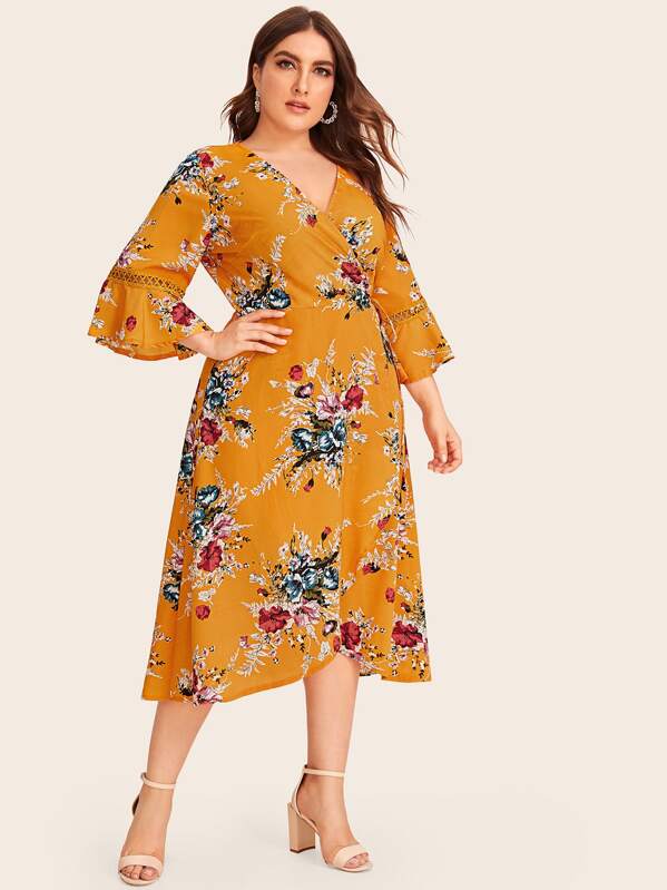 

Plus Floral Print Lace Insert Tie Side Wrap Dress, Yellow, Franziska