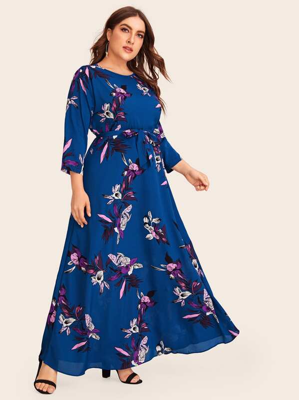 

Plus Floral Print Belted Maxi Dress, Blue, Franziska