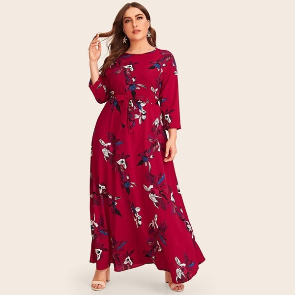 

Plus Floral Print Belted Maxi Dress, Red