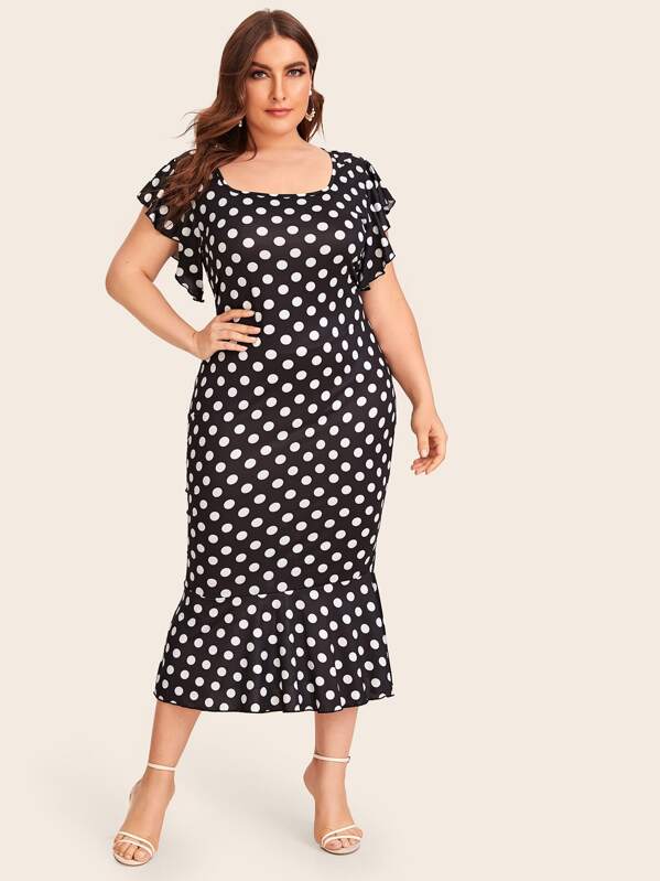 

Plus Polka Dot Ruffle Sleeve Mermaid Bodycon Dress, Black and white, Franziska