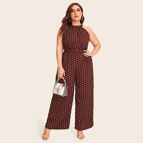 

Plus Polka Dot Wide Leg Belted Halter Jumpsuit