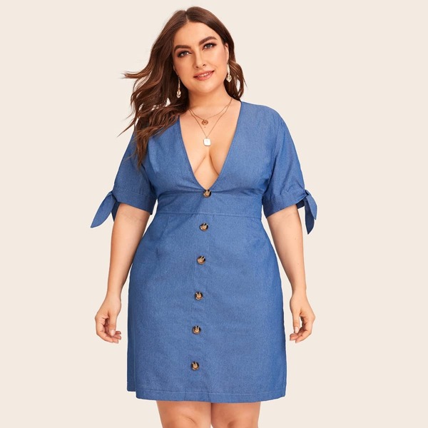 

Plus Plunge Neck Button Front Denim Dress
