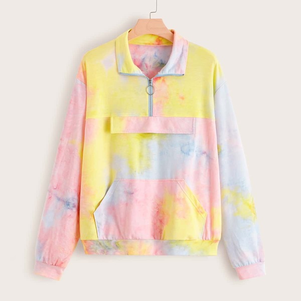 

Plus Kangaroo Pocket Quarter Zip Tie Dye Sweatshirt, Multicolor