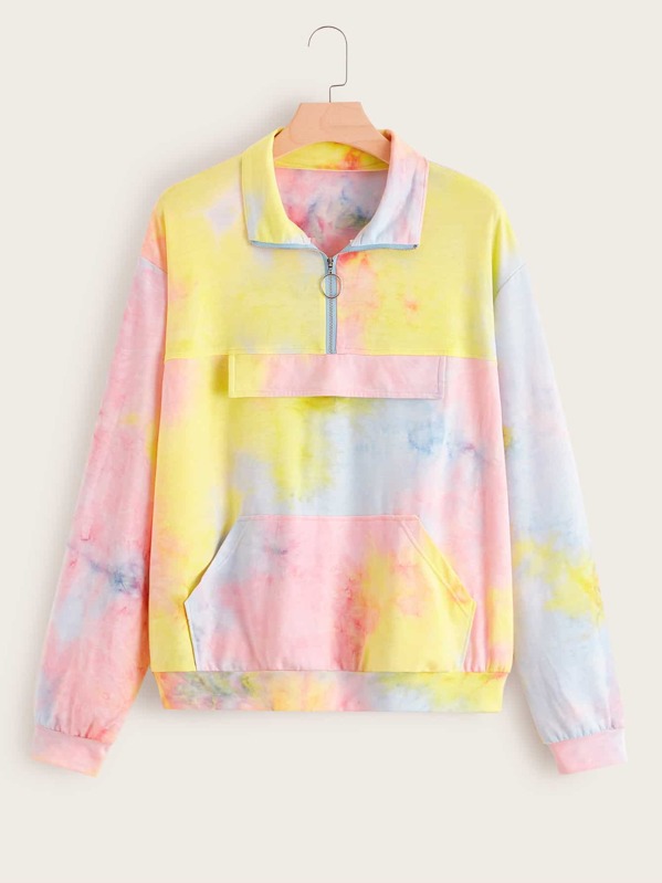 

Plus Kangaroo Pocket Quarter Zip Tie Dye Sweatshirt, Multicolor