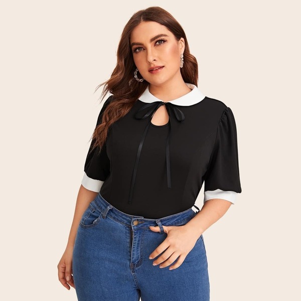 

Plus Tie Neck Contrast Binding Tee, Black