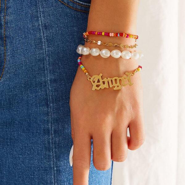 

Faux Pearl & Bead Design Bracelet 4pcs, Multicolor