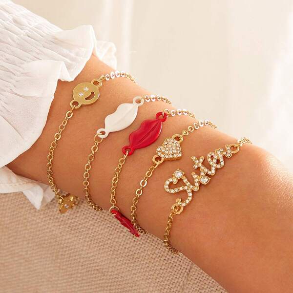 

Mouth & Rhinestone Engraved Heart Chain Bracelet 5pcs