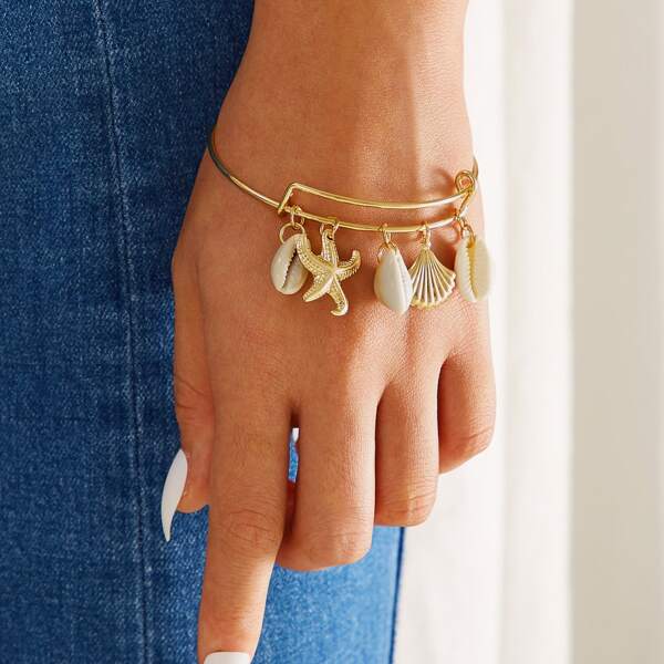 

Starfish & Shell Charm Bangle Bracelet 1pc, Gold