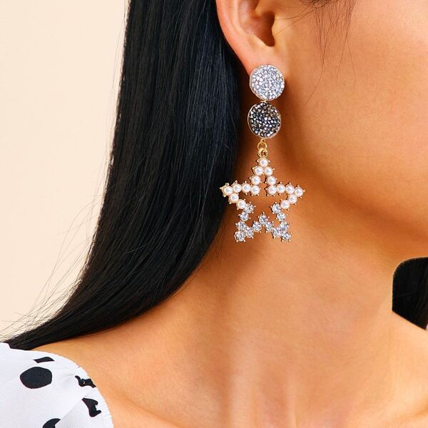 Rhinestone & Faux Pearl Star Drop Earrings 1pair