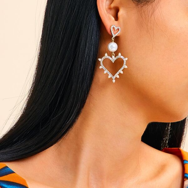 

Faux Pearl & Rhinestone Decor Heart Drop Earrings 1pair, Multicolor