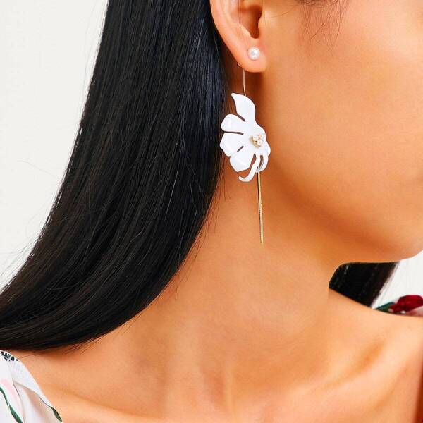 

Faux Pearl Decor Flower Fringe Drop Earrings 1pair