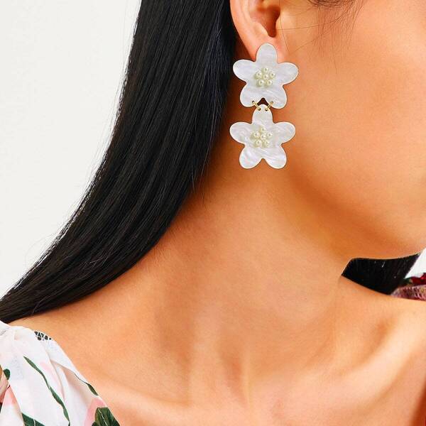 

Faux Pearl Decor Double Flower Earrings 1pair
