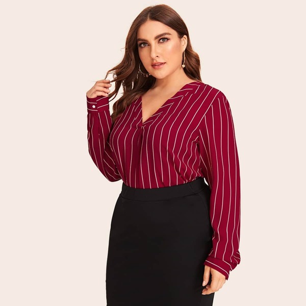 

Plus Striped Print High Low Curved Hem Blouse, Burgundy