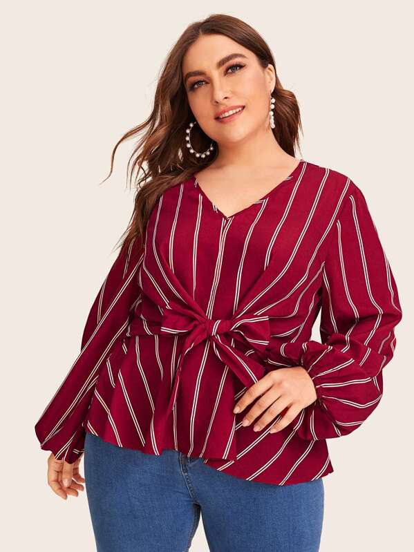 

Plus Striped Tie Front Lantern Sleeve Peplum Top, Burgundy, Franziska
