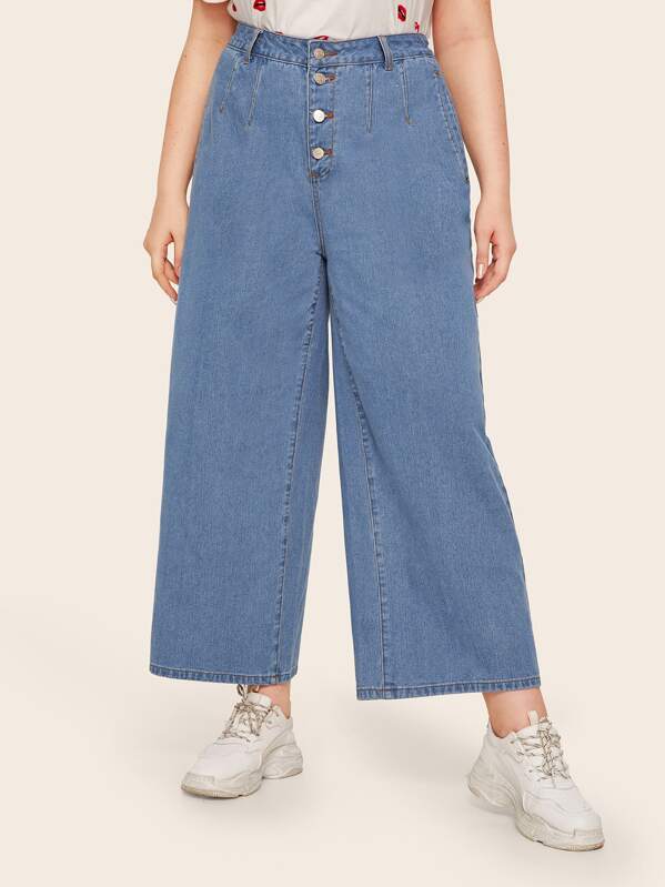 

Plus Button Fly Wide Leg Jeans, Blue, Nora