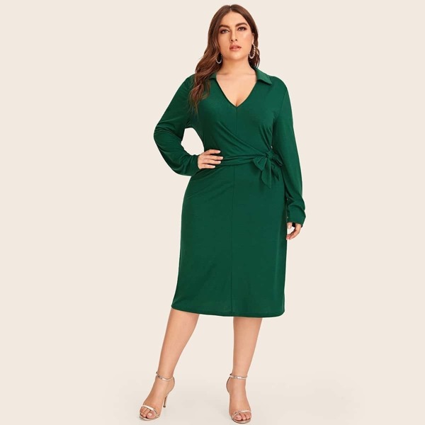 

Plus Solid Tie Waist Midi Dress