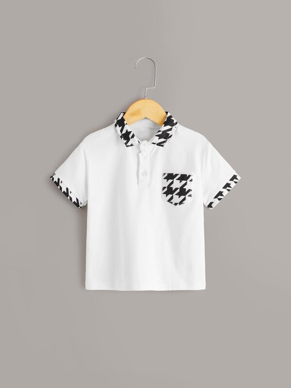 Toddler Boys Contrast Houndstooth Trim Pocket Polo Shirt, White