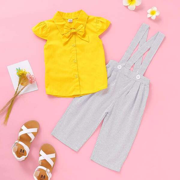 

Toddler Girls Bow Tie Blouse With Polka Dot Straps Pants
