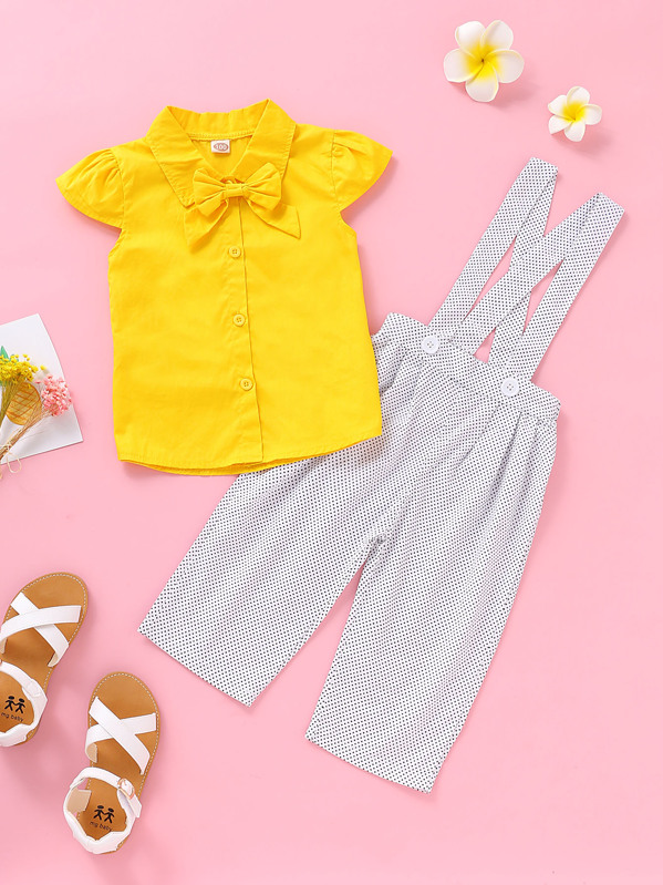 

Toddler Girls Bow Tie Blouse With Polka Dot Straps Pants, Multicolor