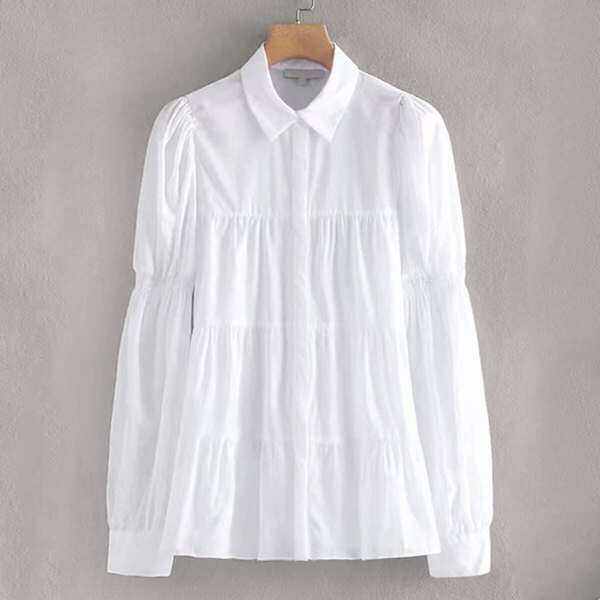 

Puff Sleeve Plicated Solid Blouse