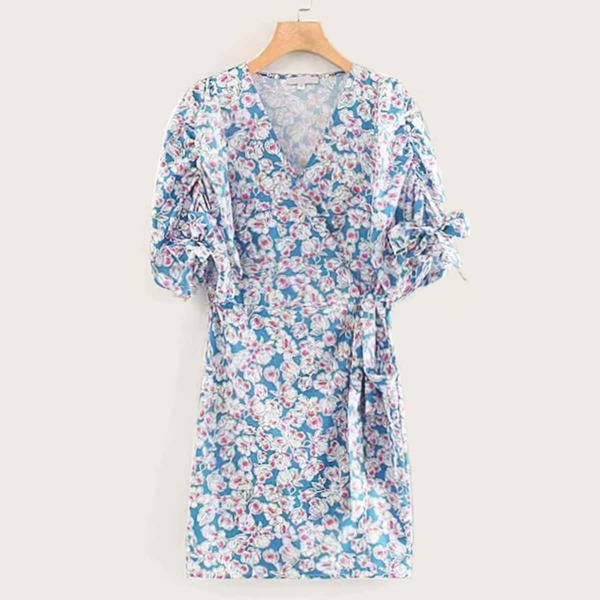 

Allover Floral Print Bow Cuff Surplice Fitted Dress