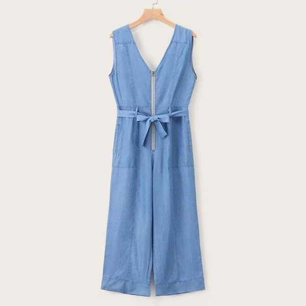 

Zipper Front Self Tie Wide Leg Denim Jumpsuit
