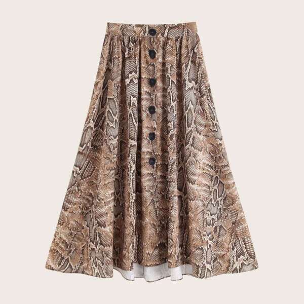 

Snakeskin Print Button Front A-line Skirt, Multicolor