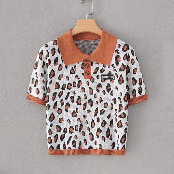 

Contrast Trim Leopard Pattern Polo Neck Knit Top