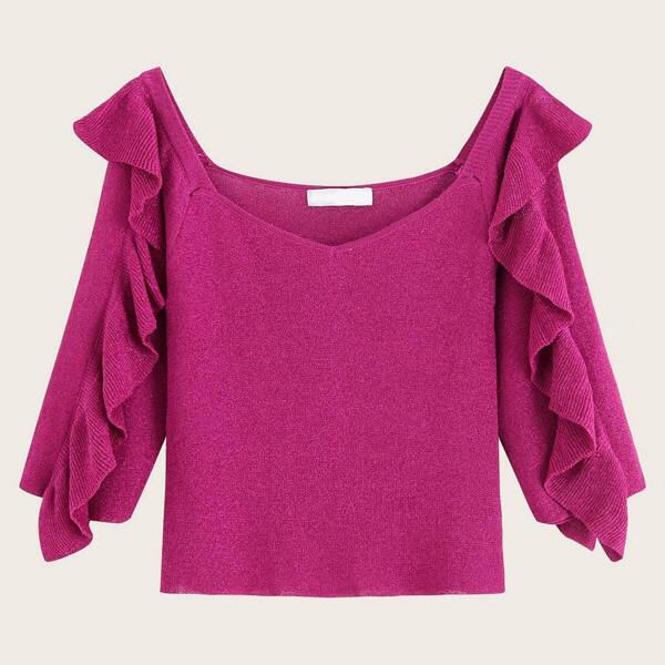 

Sweetheart Neck Ruffle Trim Knit Top