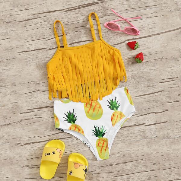 

Girls Fringe Trim Top With Pineapple Bikini Set