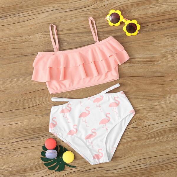 

Girls Tiered Layer Top With Flamingo Print Bikini Set, Multicolor