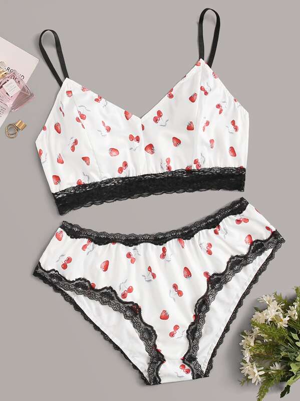 

Plus Strawberry & Cherry Print Lace Trim Lingerie Set, Multicolor