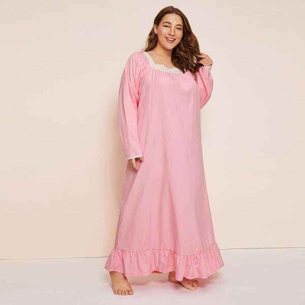

Plus Contrast Lace Ruffle Hem Night Dress